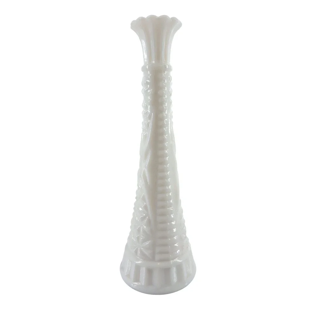 Anchor Hocking Vintage Milk Glass Bud Vase 9 Inch Starburst Bars Pattern MCM